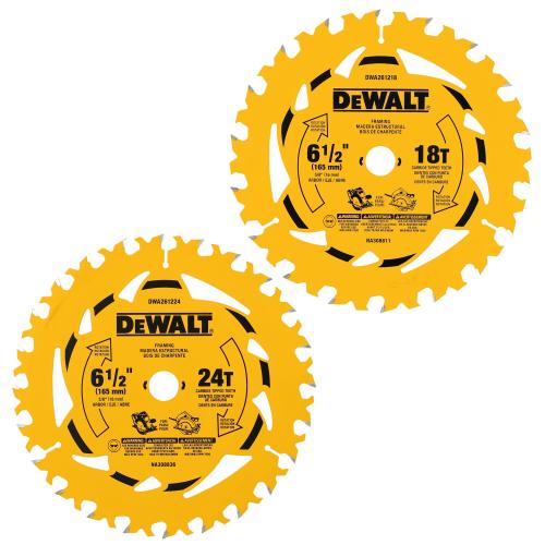 DEWALT 6 1/2" 18T and 24T Saw Blade 2 Pack. High Performance Cutting Tool Designed for Durability, Precision Cutting, and Extended Blade Life