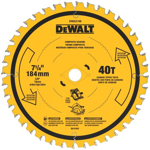 DEWALT 7-1/4" 40T Composite Deck Saw Blade. High Performance Cutting Tool Designed for Durability, Precision Cutting, and Extended Blade Life