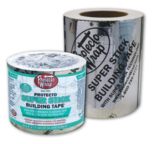 Protecto Wrap Super Stick  Building Tape Rolls 4"x75' Roll  25 sq Ft per Roll Sold by the  Roll, 12 rolls per box, 384  Rolls per Pallet or 48 Cases.