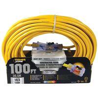 PowerZone ORP511735 Contractor Cord, 14 AWG Cable, 100 ft L, 13 A, 125 V, Yellow