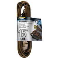 PowerZone OR670615 Extension Cord, 16 AWG Cable, 15 ft L, 125 V, Brown