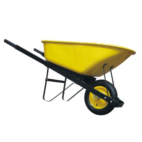 WHEELBARROW 80L/6CF YELLOW STEEL TRAY, SQUARE STEEL HANDLES WITH CUSHION GRIP, PNEUMATIC FLAT FREE TIRE