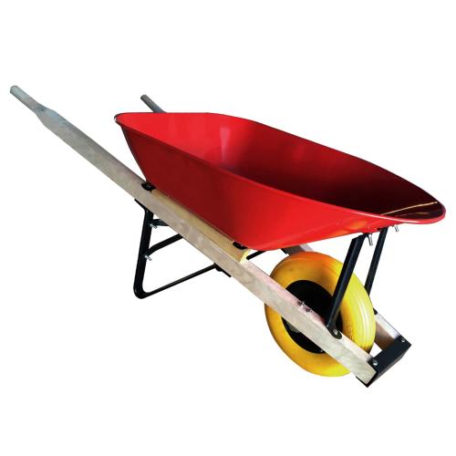 WHEELBARROW 80L/6CF RED STEEL TRAY & ASH WOOD HANDLES, FLAT FREE TIRE