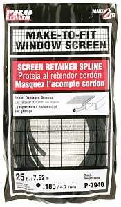 SCREEN SPLINE PVC .185 X 25' BLACK
