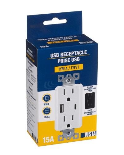 RECEPTACLE W/USB-A & USB-C TAMPER RESISTANT 15A WHITE