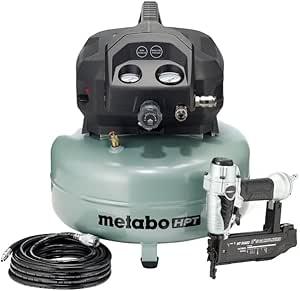 METABO FINISH COMBO KIT INCLUDES: NT50AE2 2" 18G BRAD NAILER, EC710S 6 GAL PANCAKE COMPRESSOR & 25'X1/4" HYBRID AIR HOSE