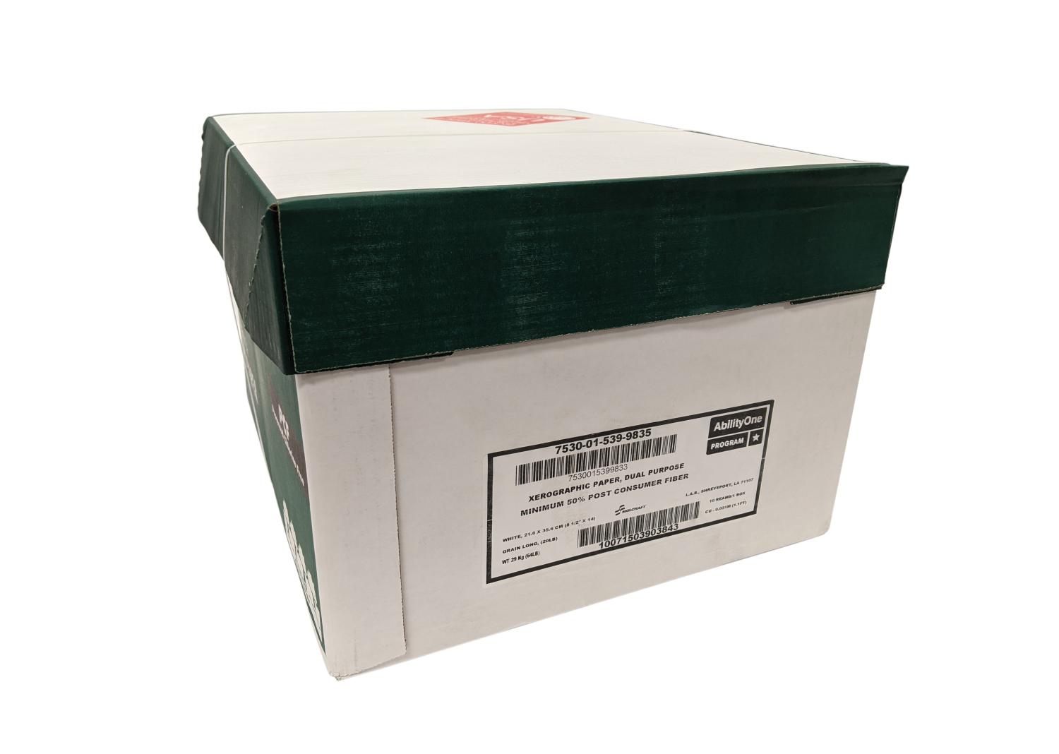 7530-01-539-9835 - This 8.5" x 14" White Dual Purpose Copy Paper is ideal for everyday printing, copying, and high-volume office use. Made with 50% post-consumer waste (PCW) recycled content, it offers an eco-friendly option without compromising quality. The bright white finish delivers sharp text and crisp images, while the durable construction ensures reliable performance in copiers, laser printers, and inkjet machines alike. Perfect for professional documents, reports, and legal-size projects.Key Features:Size: 8.5" x 14" (Legal)Color: Bright WhiteDual Purpose: Works with laser and inkjet printers50% Post-Consumer Waste (PCW) recycled contentEco-friendly and reliable for everyday office printing
