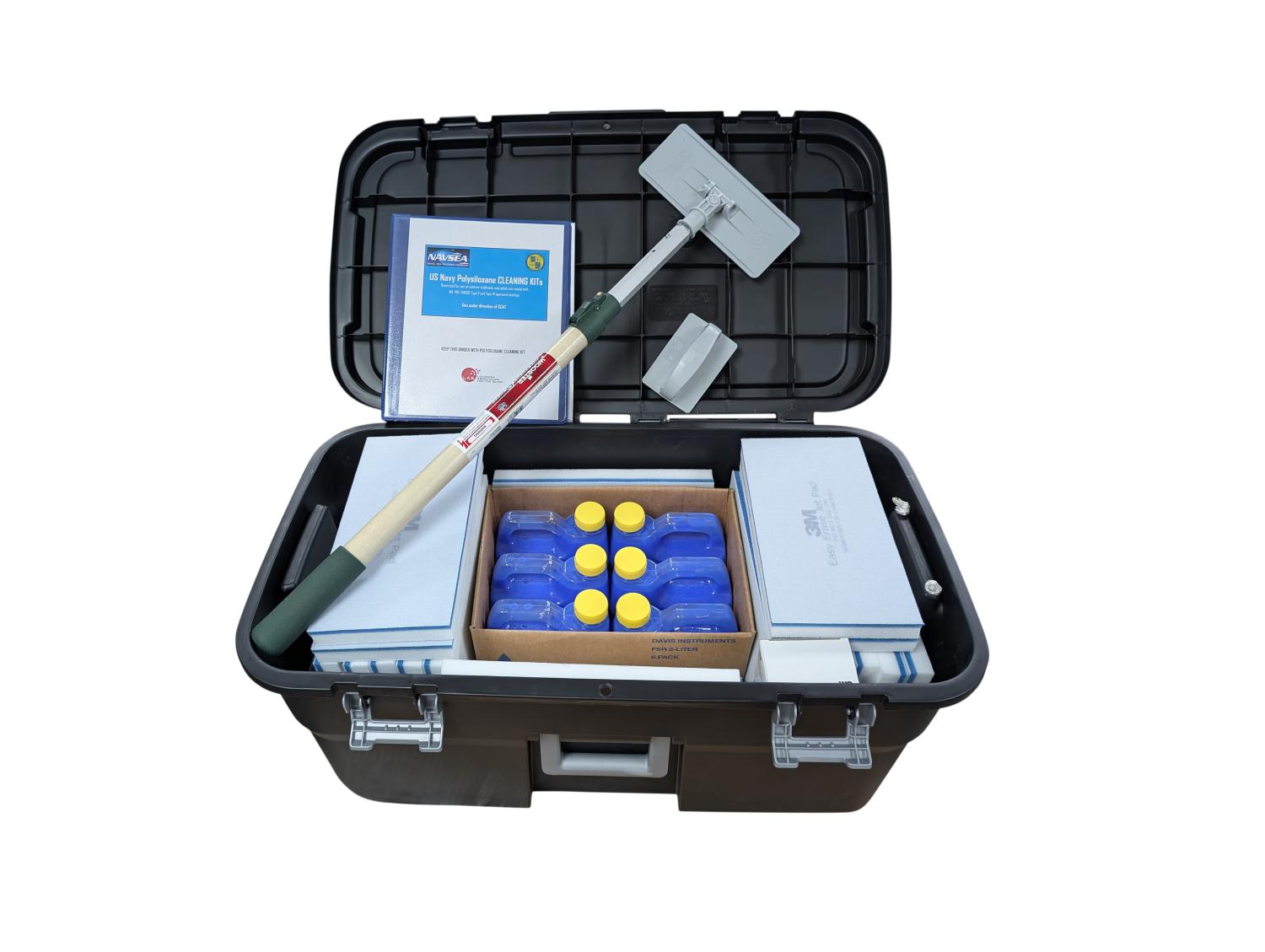 7930-01-660-1605 - MFG #: 7920-00-LAB-0001US Navy Polysiloxane Topcoat Cleaning Kit contains the following:20 - 3M "Jet Pad" Melamine Wash Pads (7920-01-526-9003)30 - 3M #9000 Wash/Scrub Pad (7920-01-646-5848)2 - 3M #250 Wash Pad Holder (for Melamine Pad) - (7920-01-519-4142)2 - 3M #961 Twist-Lock Pad Holder (for Scrub Pad) - (7920-01-519-4140)6 - FSR Big Job, Fiberglass Stain Remover, 2L (7930-01-647-7927)1 - 30" to 60" Extension Pole (5120-01-646-5849)1 - 3-Ring Binder (LOC-LAB-0001-BINDER)1 - Storage Case (8145-01-647-3176)Copies and Sheet Protectors for BinderExterior Label and Interior Mounted Instruction Board