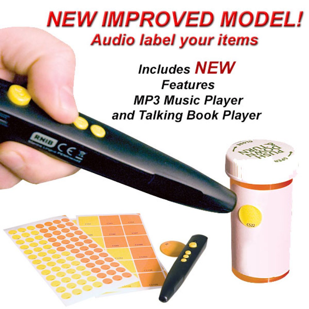 LV-300110 - The PenFriend III Audio Labeler from RNIB can help you label anything in your home with your own recorded messages. Labels are recorded on the PenFriend wand and associated with a sticker that you can affix anywhere. Touch the PenFriend to the sticker, and your message is played back. Label food, medicine, files, or even leave a message for a care-giver.New design includes a music player and a talking book player.16GB of internal memory and SD card slot up to 16GB.