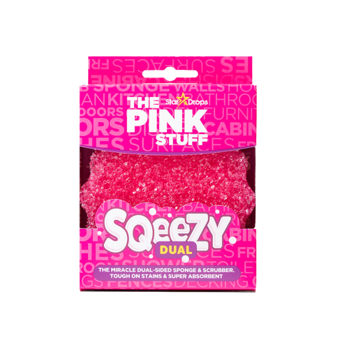 Sqeezy Dual-Sided Sponge and Scrubber, 4" x 5.3", 3.8" Thick, Pink/Ivory