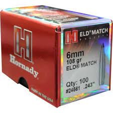 Hornady 24561 ELD Match Rifle Bullets, 6MM .243 108 Gr, 100 Box