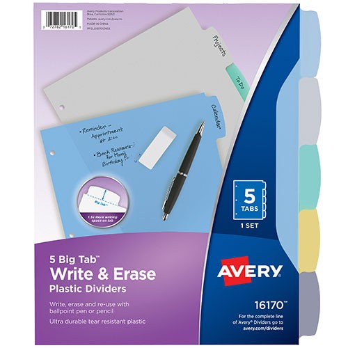 Plastic Durable Write-On Dividers, 5 Tab, Multicolor