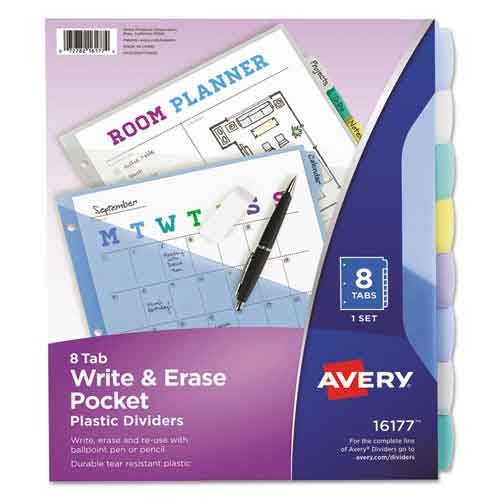 Write & Erase Durable Plastic Dividers with Pocket, 1 Pocket, 9-1/4" x 11-1/8", 8 Tab, Multicolor Tab, Multicolor Body, Handwrite Only