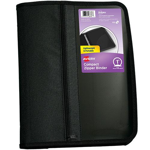Compact Zipper Binder, 1" Round Rings (175 Sheet Capacity), Black