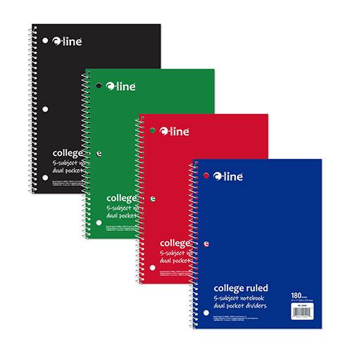 9" x 11" Assorted College Ruled 5-Subject Spiral Notebook