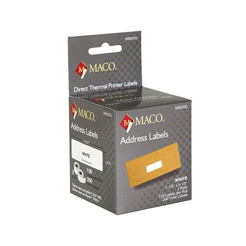 Maco® Direct Thermal White Address Labels, 1-1/8" x 3-1/2", 2 Rolls/Box, 260 Labels/Box