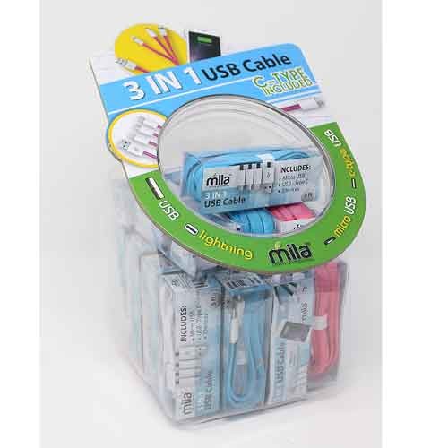 3-in-1 Cable (Micro, Lightning, C-Type), 3', Assorted Colors