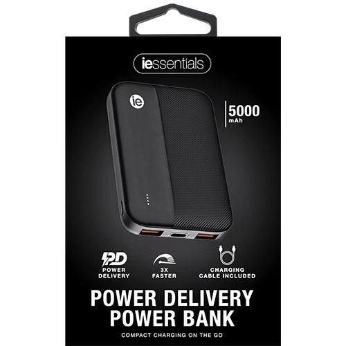 iEssentials Power Delivery Power Bank, 5,000mAh, Slim Design, Black