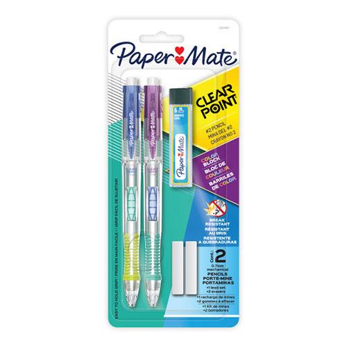 Paper Mate Clearpoint Mechanical Pencil, Break-Resistant, Color Block Edition, HB #2 Lead (0.7mm), Includes Eraser and Lead Refills, 5 Piece Set