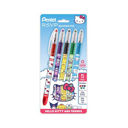 RSVP Ballpoint Pen, Hello Kitty & Friends Limited Edition, Fine, 0.7mm, Asstd Ink (A/B/D/V/S) , Plastic-Free 5 Pack 
