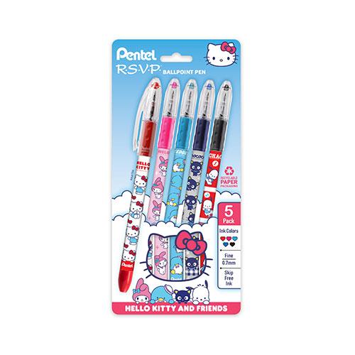 RSVP Ballpoint Pen, Hello Kitty & Friends Limited Edition, Fine, 0.7mm, Asstd Ink (A/B/C/P/S), Plastic-Free 5 Pack 