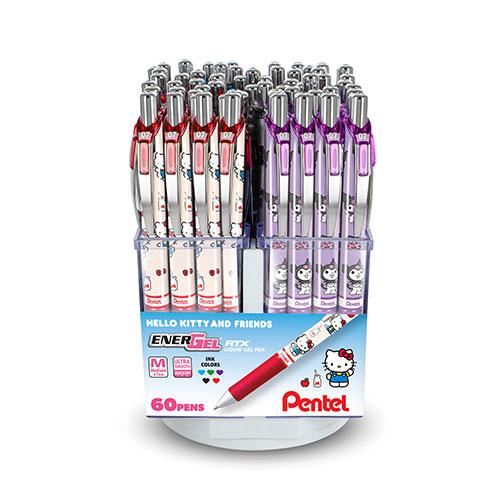 EnerGel RTX Liquid Gel, Hello Kitty & Friends, Limited Edition, (0.7mm) Metal Tip, Med. Line, Asstd Ink (A/B/D/S/V), Open Stock Display - 60 Pieces