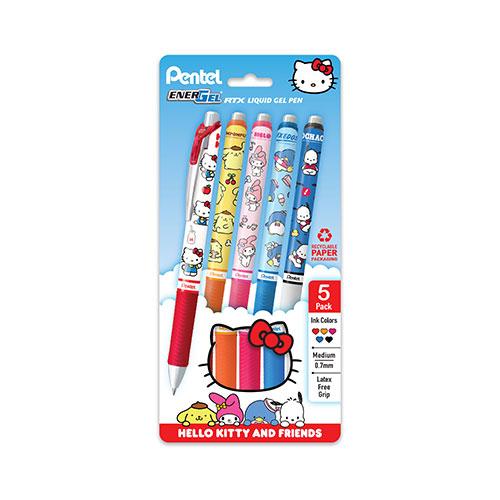 EnerGel RTX, Liquid Gel Pen,  Hello Kitty & Friends, Limited Edition, Med. 0.7mm, Asstd Ink, Plastic-Free 5 Pack 