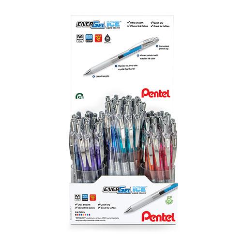 EnerGel ICE  Liquid Gel Pen, (0.7mm) Metal Tip, Medium Line, Transparent Barrel,  Assorted Ink,  Open Stock Display - 72 Pieces
