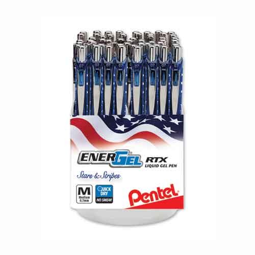 EnerGel RTX Retractable Liquid Gel Pen, Flag Barrel, (0.7mm) Metal Tip, Medium Line, Black Ink, Open Stock Spinner Display, 48 Pieces