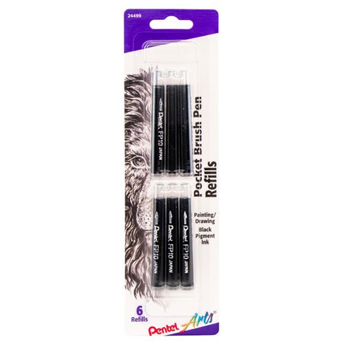 Pentel Arts Pocket Brush Refills, Black Ink 6 Pack