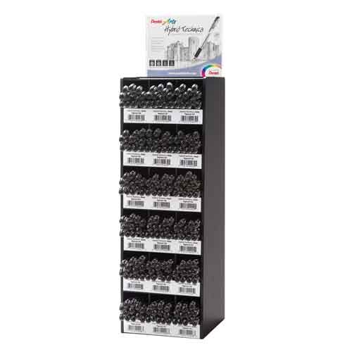Pentel Arts® Hybrid Technica Count Roller Ball Pen Tower Display, Assorted Black Point Sizes, 216 Count