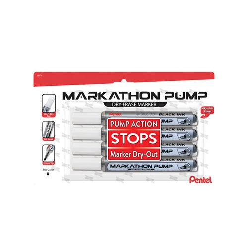 Markathon Pump Dry Erase Markers, Chisel Tip, Black, 4 Count