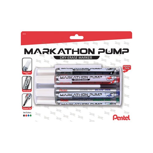 Markathon Pump Dry Erase Markers with Eraser, Chisel Tip, Assorted, 4 Count