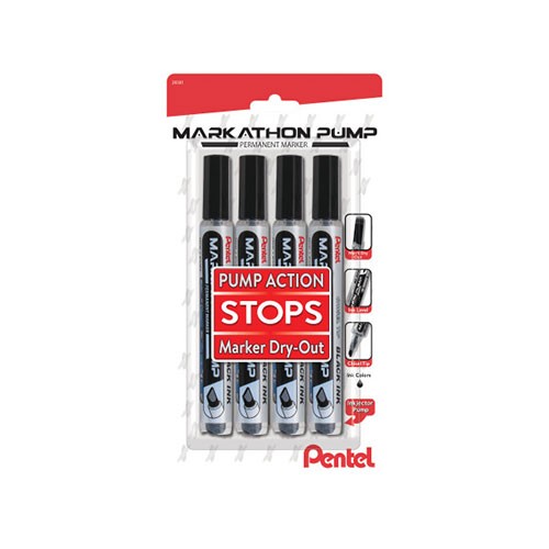 Markathon Pump Permanent Marker, Chisel Tip, Black Ink, 4 Pack
