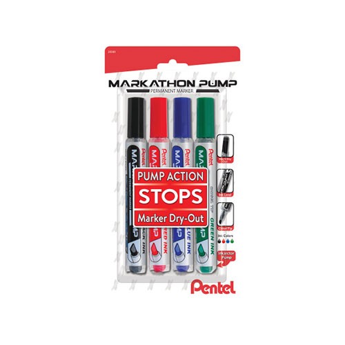 Markathon Pump Permanent Marker, Chisel Tip, Assorted Colors (A,B,C,D), 4 Pack
