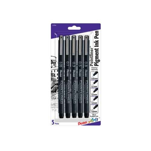 Pentel Arts Pointliner Pen, 5-Pack, Assorted Sizes, Black Ink