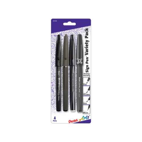 Pentel Arts Sign Pen Variety Pack - 4-Pack (S520-A, ST150-A, SES15-NA, SESF30-A)