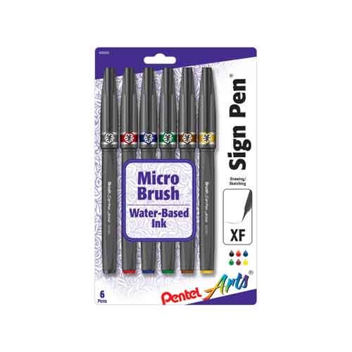 Pentel Arts Sign Pen Micro Brush, Assorted Ink, (A/B/C/D/E/G) 6 Pack