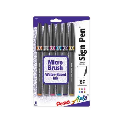 Pentel Arts Sign Pen Micro Brush, Assorted Ink, (F/N/P/S/V/Y) 6 Pack