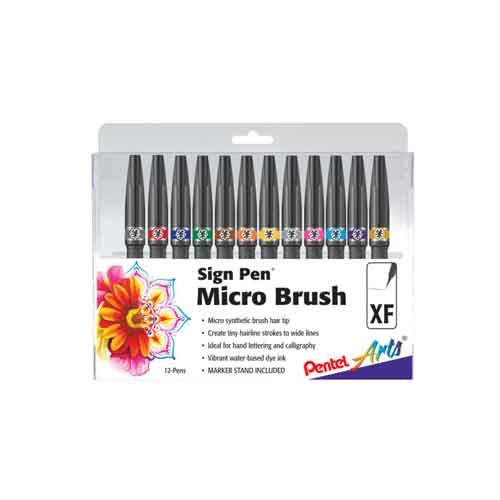 Pentel Arts Sign Pen Micro Brush Tip, Assorted Colors (A/B/C/D/E/F/G/N/P/S/V/Y), 12 Pack Plastic Box