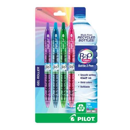 B2P Bottle 2 Pen Colors Gel Rollers, Assorted, 4 Count