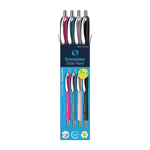 Slider Rave, SPECIAL EDITION Promo Pack, Ballpoint Pen, 4-Piece Assortment (Pearl, Power Pink, Teal, Black), Blue Ink, XB