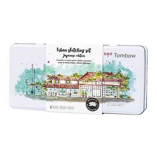 Urban Steching set includes 3 Dual Brush Pens, 2 Kimonogatari Colored Pencils, Medium Water Brush, MONO Graph Mechanical Pencil in Mint Green, MONO Drawing Pen in 005, and step-by-step digital guide. Dual Brush Pen Colors include: 076 Green Ochre, 277 Dar