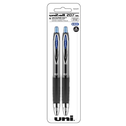 uniball™ 207 Retractable Gel Pens, Medium Point (0.7mm), Blue, 2 Pack