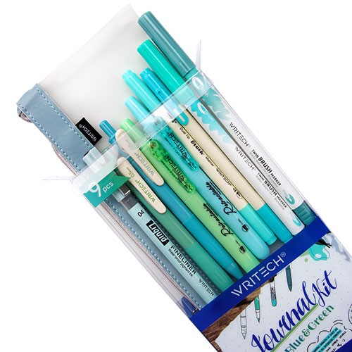 Journal Kit, Pouch + 9 Pens, Blue/Green