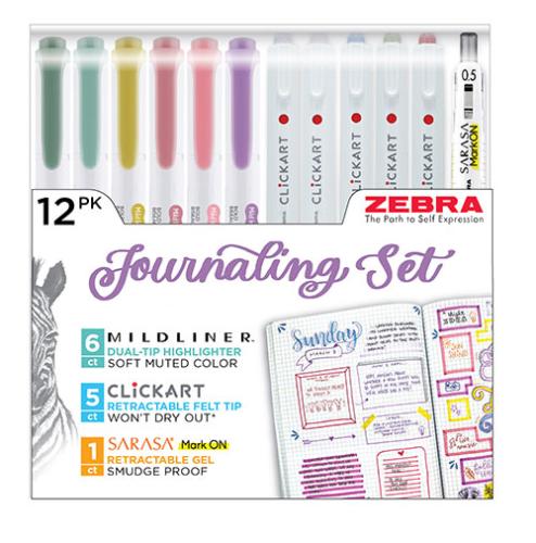 Journaling Set, Mildliner Highlighters, CLiCKART Markers and Sarasa Mark On Retractable Gel Pen, Assortment, 12 Count
