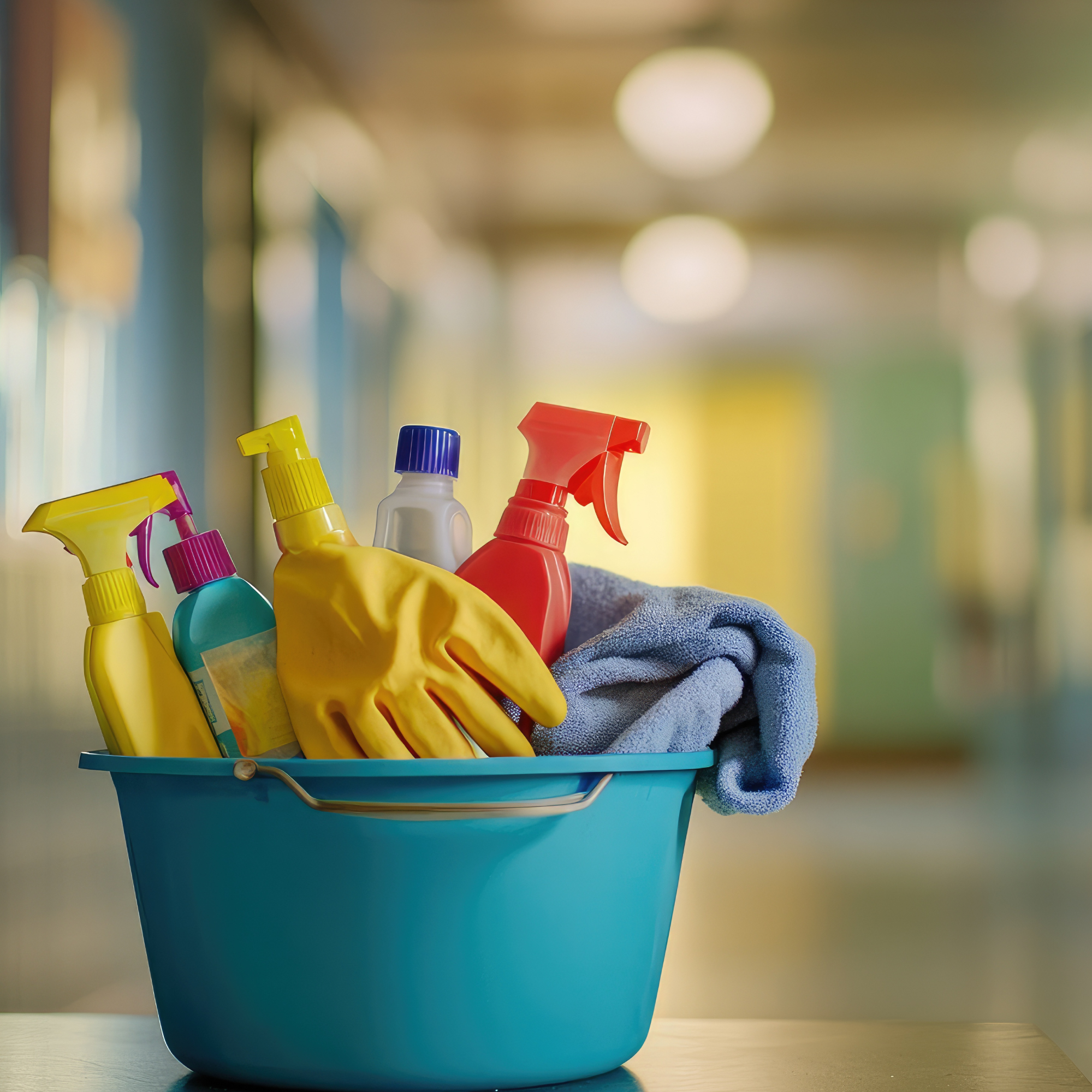 Cleaning bucket equipped with various cleaning products and supplies ready for use in a school hallway setting. The organized collection of cleaning tools demonstrates proper preparation for maintaining clean, safe classroom environments that support stud