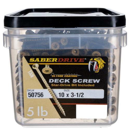 SaberDrive 50756 Deck Screw, #10 Thread, 3-1/2 in L, Serrated Thread, Bugle Head, Star Drive, Type 17 Point, Tan, Steel Alt #1