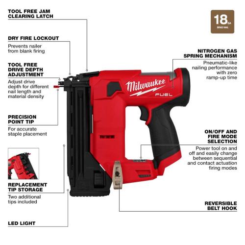 M12 FUEL 12-Volt Lithium-Ion Brushless Cordless 18-Gauge 1-1/2 in Compact Brad Nailer Specs Alt #1