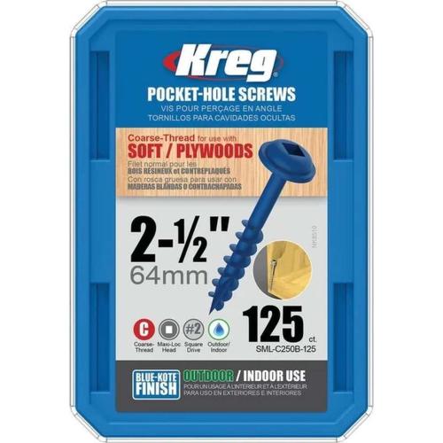 Kreg Blue-Kote SML-C250B-125 Pocket-Hole Screw, #8 Thread, Coarse Thread, Square Drive, Carbon Steel, 125/PK Box Alt #1